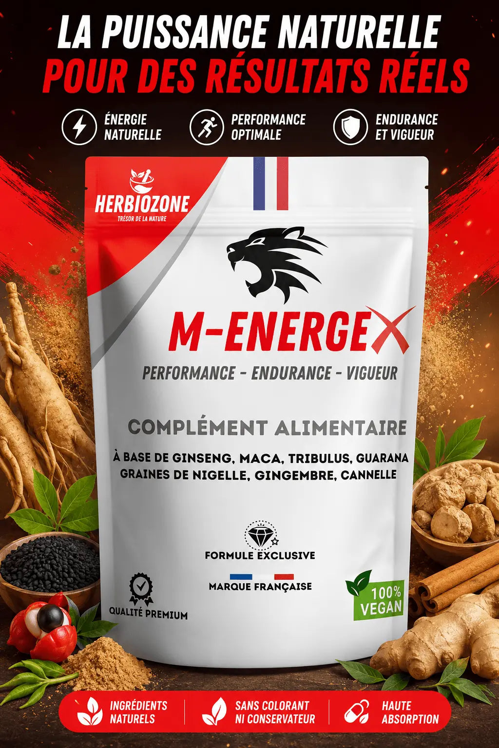 M-ENERGEX Herbiozone 60 gélules, complément naturel énergie et vitalité à base de maca, ginseng et tribulus