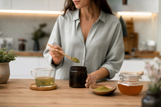 Complement naturel anti stress avec poudre vegetale, pot de miel et tasse d infusion sur une table claire