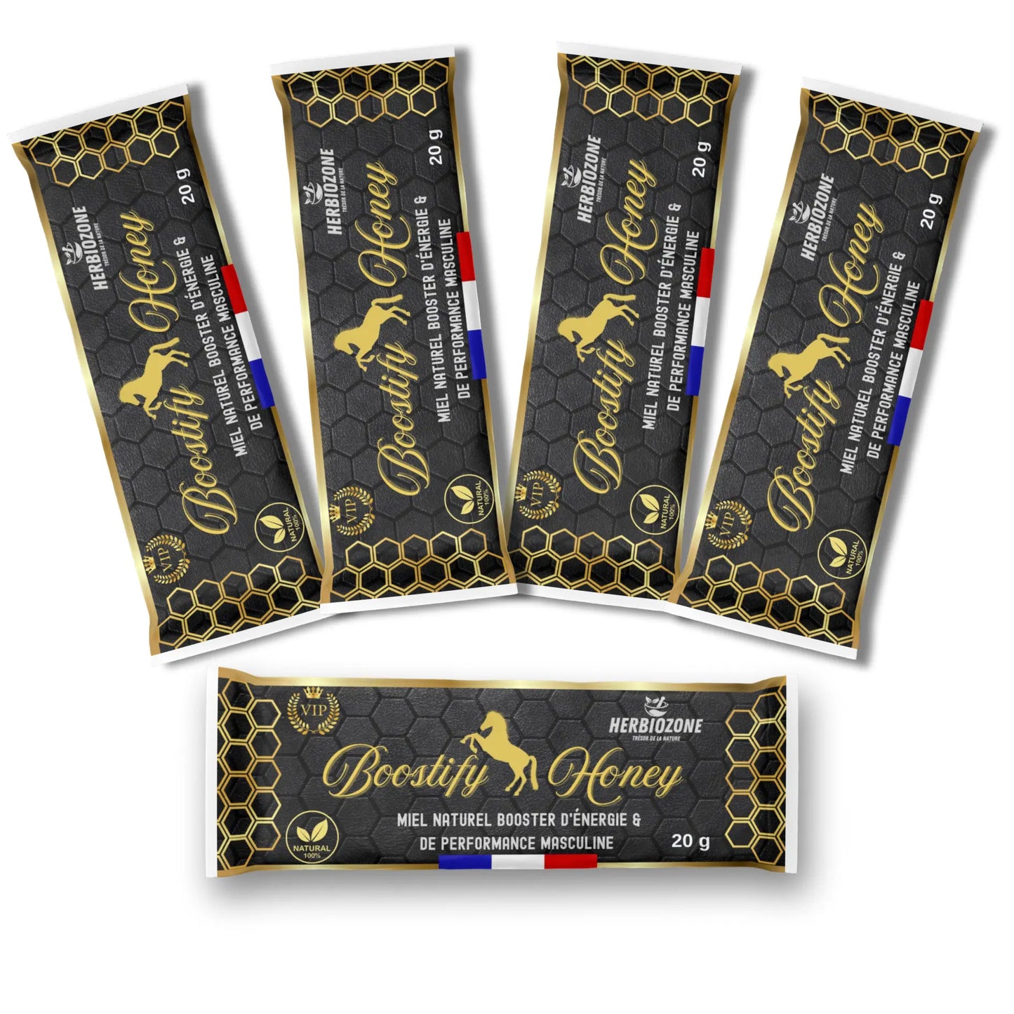 Miel aphrodisiaque homme Boostify Honey, 5 sticks de 20 g avec ginseng rouge, maca, guarana et tribulus