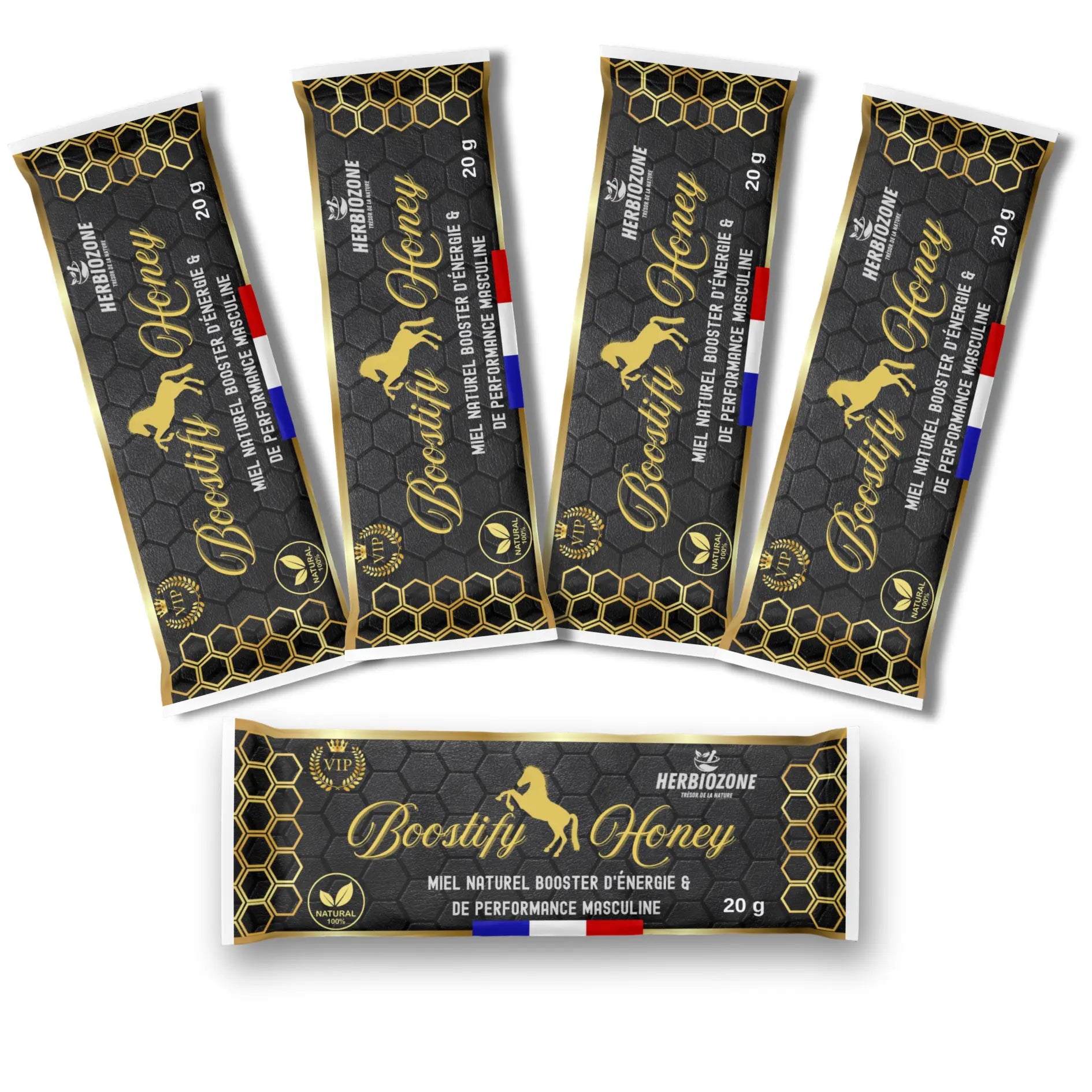 Miel aphrodisiaque homme Boostify Honey, 5 sticks de 20 g avec ginseng rouge, maca, guarana et tribulus